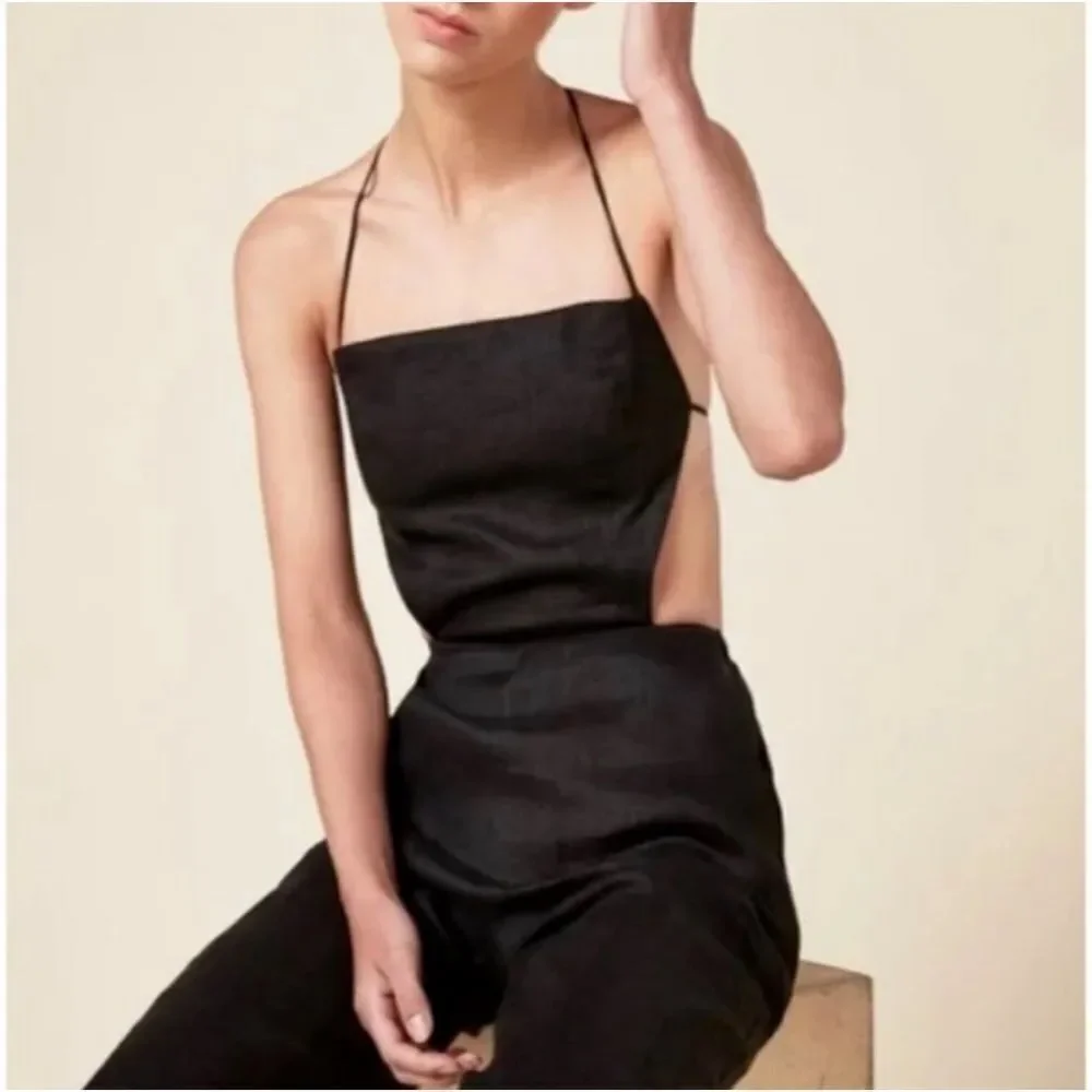 Reformation Rufus Jumpsuit Black Backless Back Linen Tie Straps Pockets Crop Sz4
